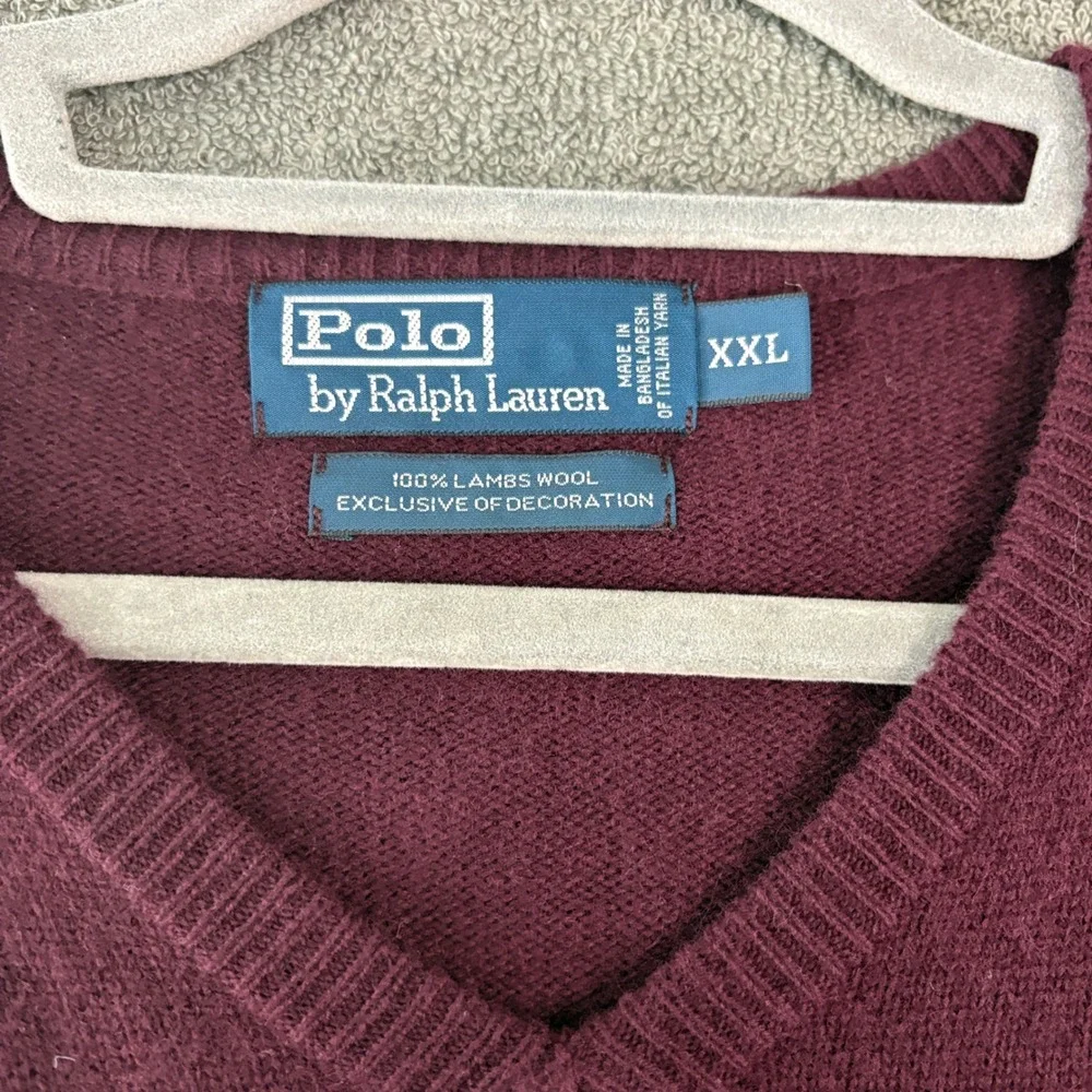 Polo Ralph Lauren Sweater Mens XXL Burgundy V-Neck 100% Lambswool Classic